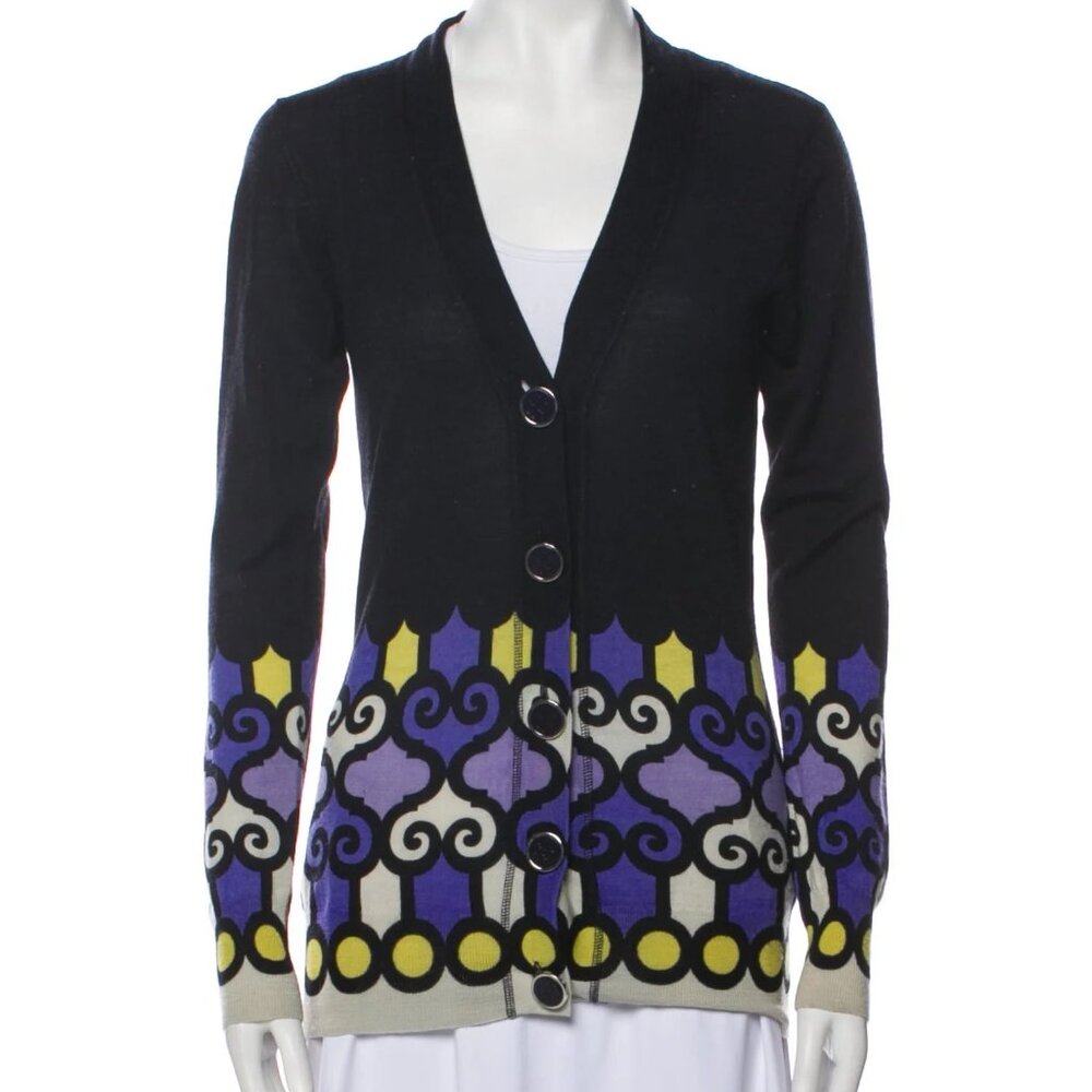 Tory Burch Wool Cardigan Purple Yellow Off-White Black Print Sweater XS